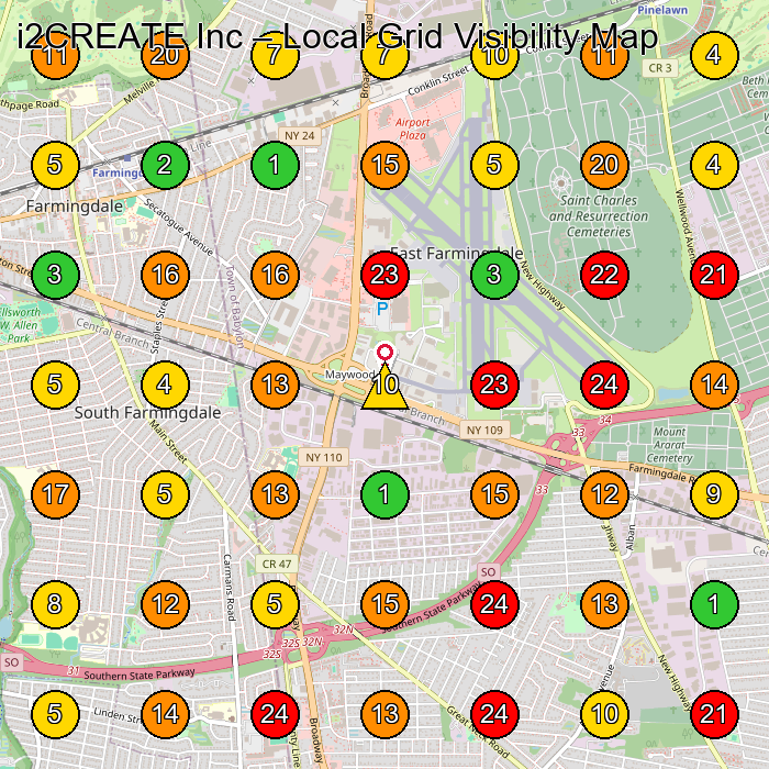 i2CREATE Inc Home Improvement Store GeoGrid ranking map for Farmingdale NY